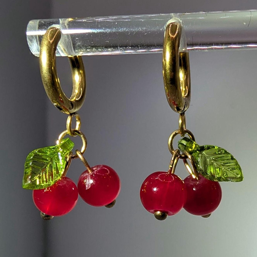 Gold Cherry Huggie Earrings, Gold Ion Plated Stainless Steel Hoops, Glass Beads - Picture 4 of 7